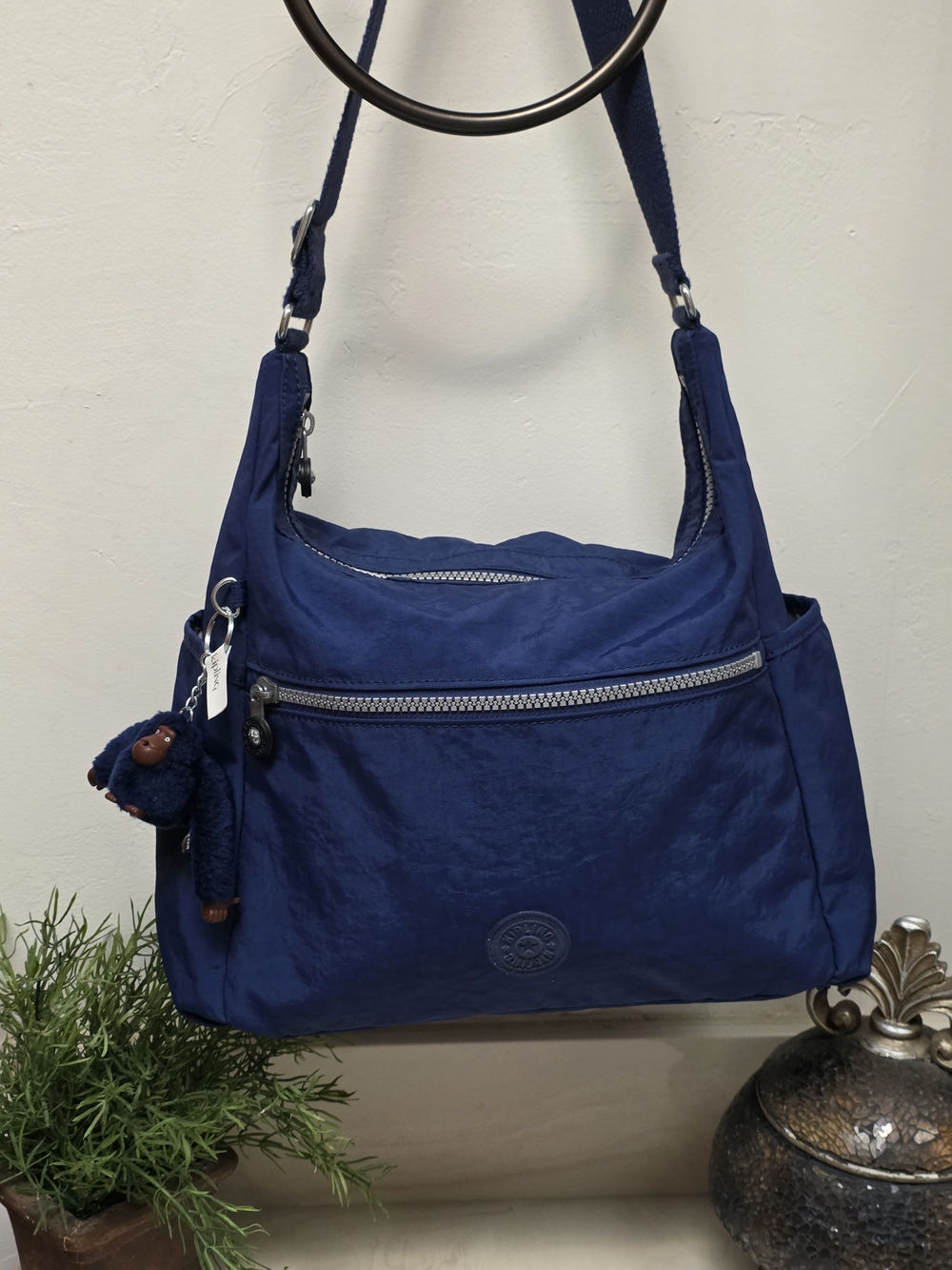 Kipling Navy Shoulder Bag With Leslie Monkey Charm